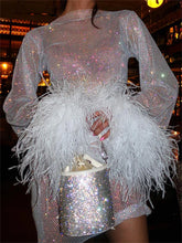 Sexy Fur Feather Mesh See Through Long Sleeve Mini Dress